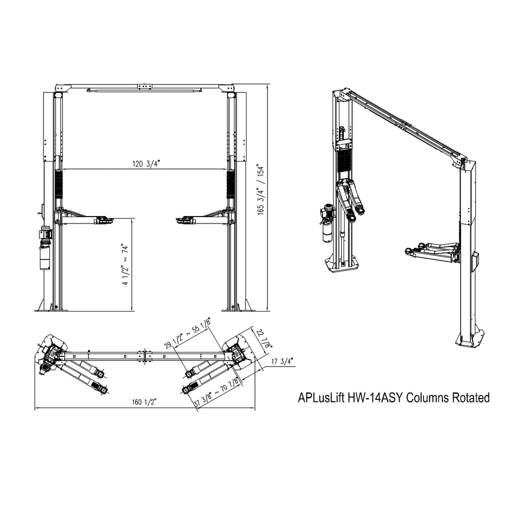 APlusLift 14,000LB 2-Post Overhead Symmetrical and Truly Asymmetrical Single Release Car Lift with 3 Year Warranty - HW-14ASY
