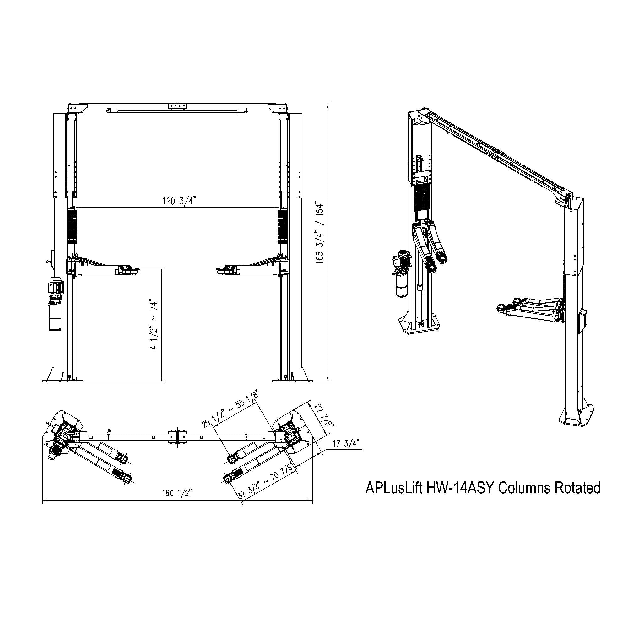 APlusLift 14,000LB 2-Post Overhead Symmetrical and Truly Asymmetrical Single Release Car Lift with 3 Year Warranty - HW-14ASY