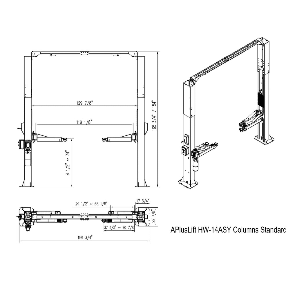 APlusLift 14,000LB 2-Post Overhead Symmetrical and Truly Asymmetrical Single Release Car Lift with 3 Year Warranty - HW-14ASY