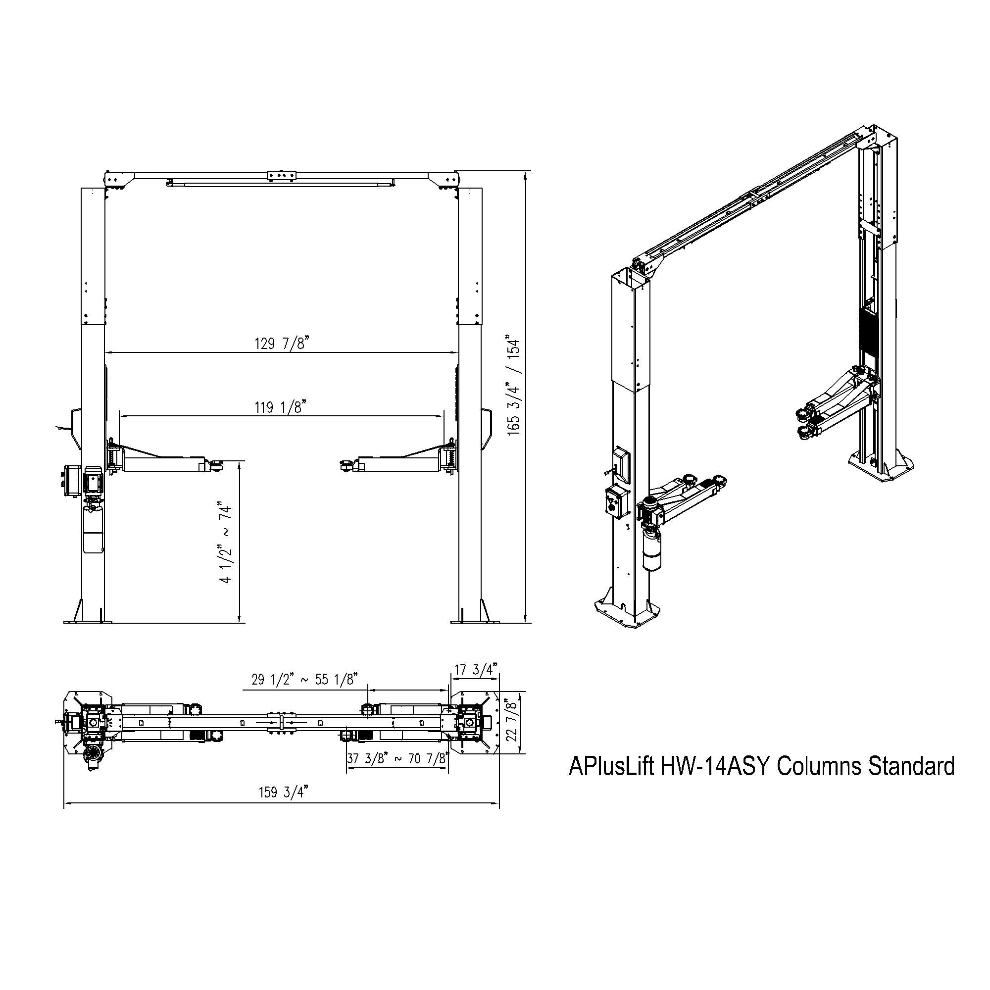 APlusLift 14,000LB 2-Post Overhead Symmetrical and Truly Asymmetrical Single Release Car Lift with 3 Year Warranty - HW-14ASY